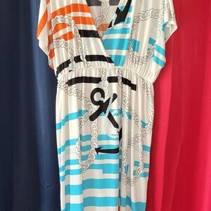 Striped Chain-Print White Midi Dress with Turquoise & Orange Accents relaxx